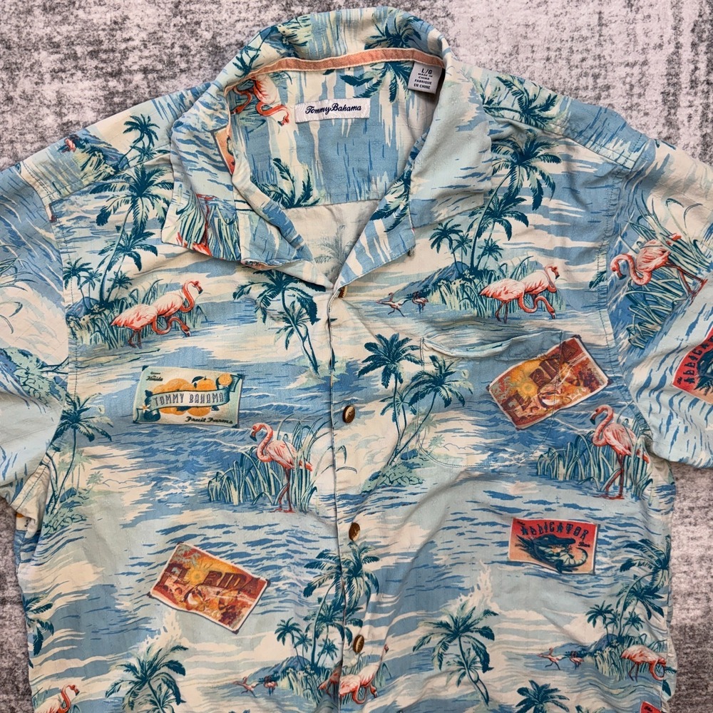 Tommy Bahama Shirt Men Large Blue Floral Destination Florida Silk Camp Flamingos